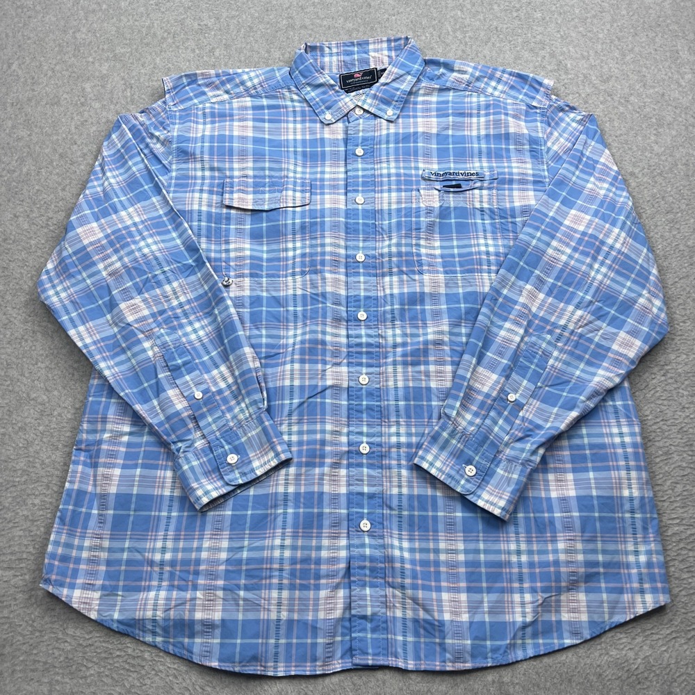 Vineyard Vines Harbor Shirt Men XXL Blue Plaid Performance Button Up Long Sleeve
